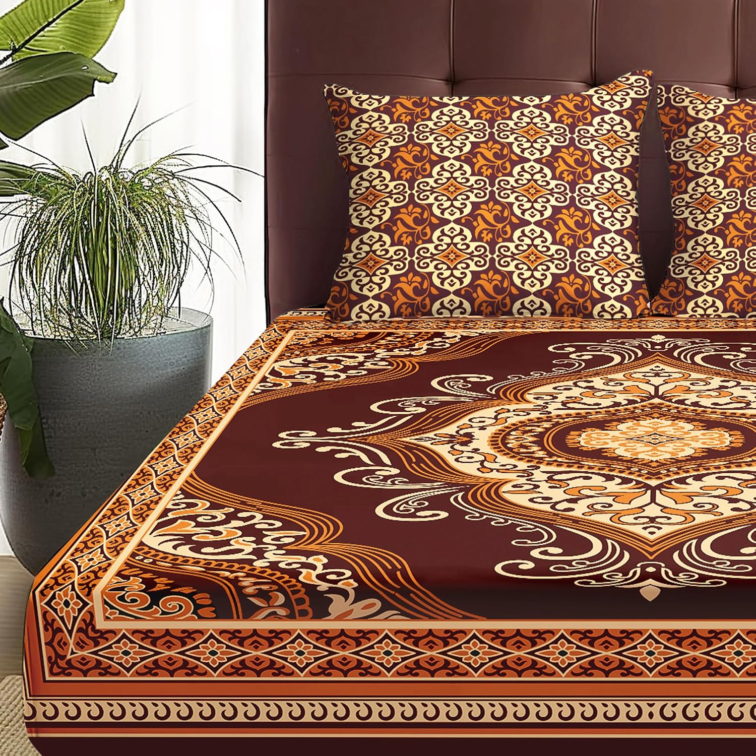Premium Glace Cotton Bedsheet For King Size With 2 Pillow Covers - 88 X 100 Inches, Brown & Beige | Jaipuri Print Design Bedsheet | 210 Thread Count
