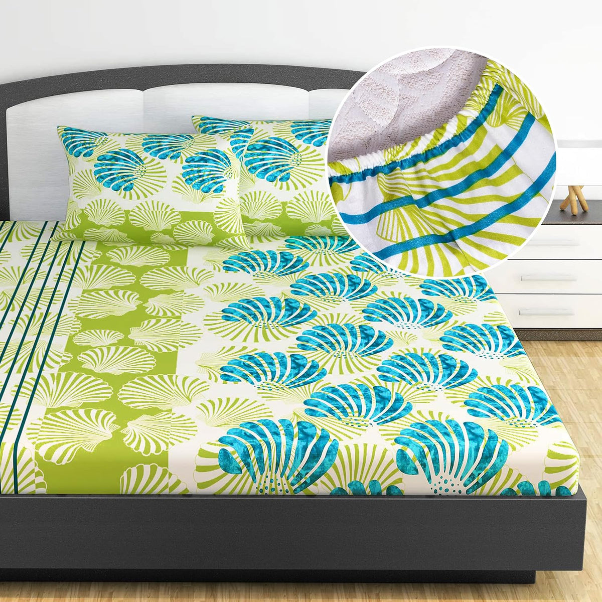 Printed King Size Double Bedsheet With 2 Pillow Cover For Bedroom | 72 X 78 Inches, White & Green - All Around Elastic Fitted | Ideal For Everyday Use
