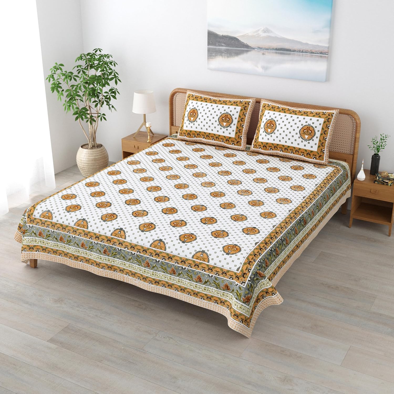 Sanskriti Bedsheet For Double Bed King Size With 2 Pillow Cover - 90 X 108 Inches, Dull Orange & White | Soft, Durable & Stylish | Breathable & Skin-Friendly