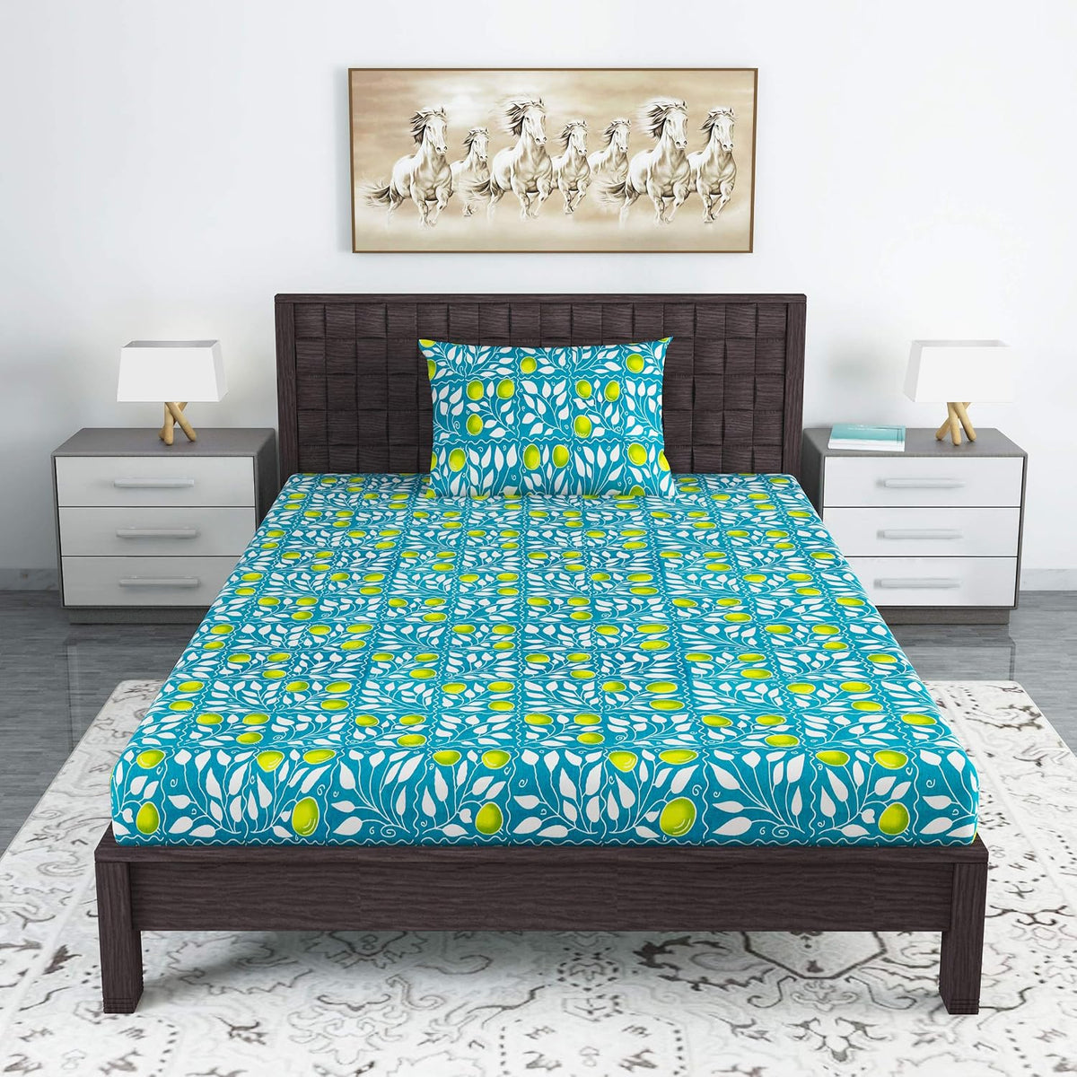 Single Bedsheet With 1 Pillow Cover - 57 X 87 Inches, Teal & Yellow | Designer Printed Bedsheet Set - Naturally Soft, Breathable & Skin Friendly