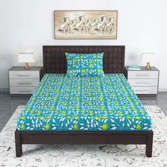 Single Bedsheet With 1 Pillow Cover - 57 X 87 Inches, Teal & Yellow | Designer Printed Bedsheet Set - Naturally Soft, Breathable & Skin Friendly