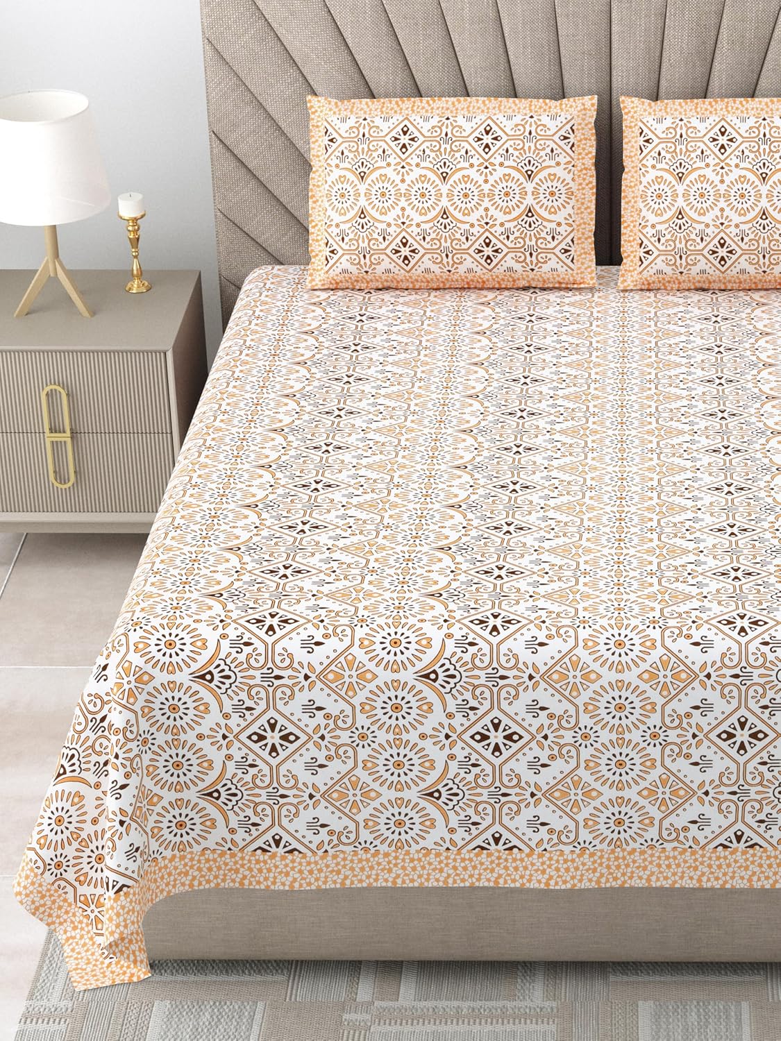 1 Queen Size Bedsheet For Double Bed With 2 Pillow Covers (90 X 108 Inches) White & Orange | Premium Cotton Material - Ideal For House, Hotel, Guest House