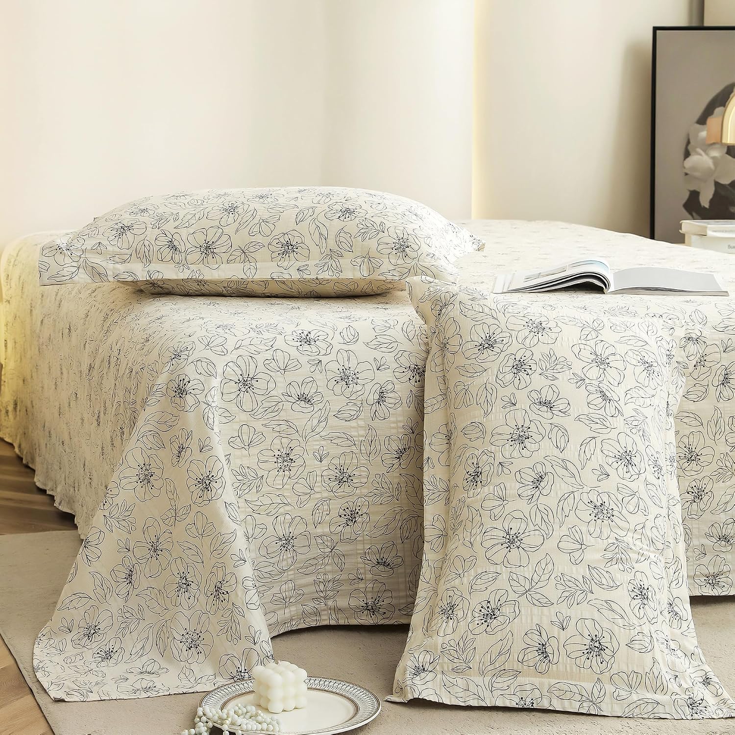 Flat Bedsheet For King Size With Two Pillow Covers - 100 X 108 Inches, Off White & Grey | Super Soft Bed Sheet For King Size Bed | Floral Design