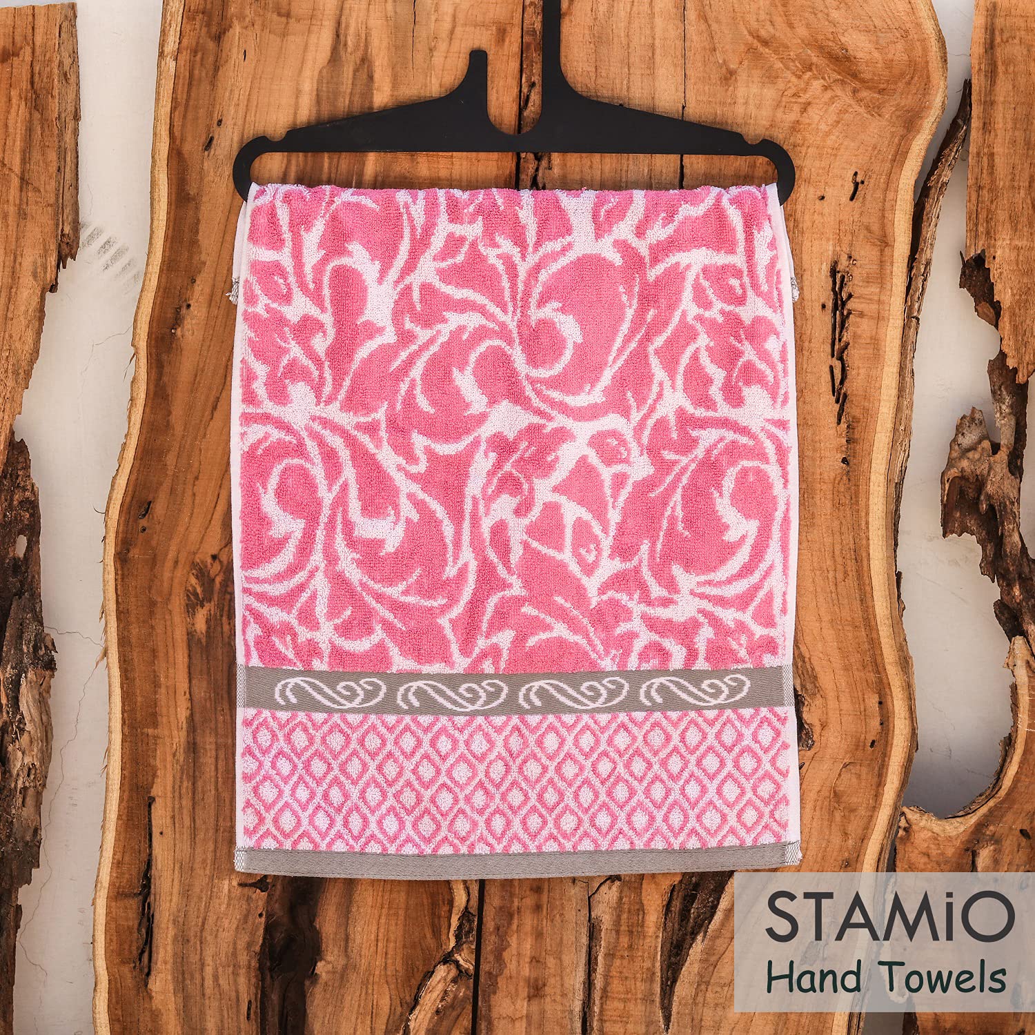 Stamio Cotton Hand Towels 490 Gsm | Towel For Men & Women Home Kitchen Use, Gym, Wash Basin, Sports, Travel | Jacquard Towel Pink (Set Of 4)