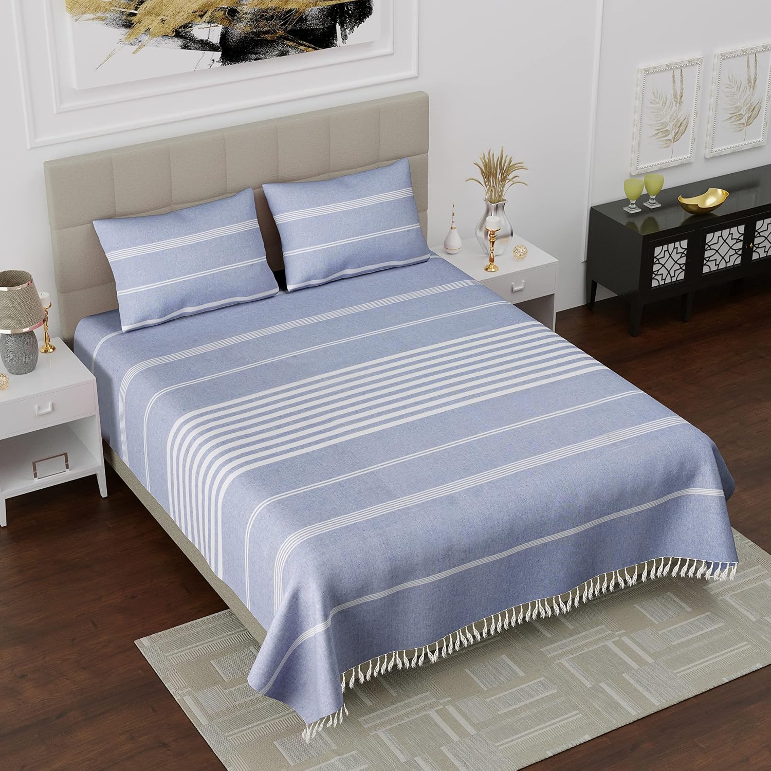 100% Cotton Double Bedsheet With Two Pillow Cover - Queen Size 90 X 100 Inches, Blue | Handloom Cotton Bedsheets For Double Bed | All Season Comfort