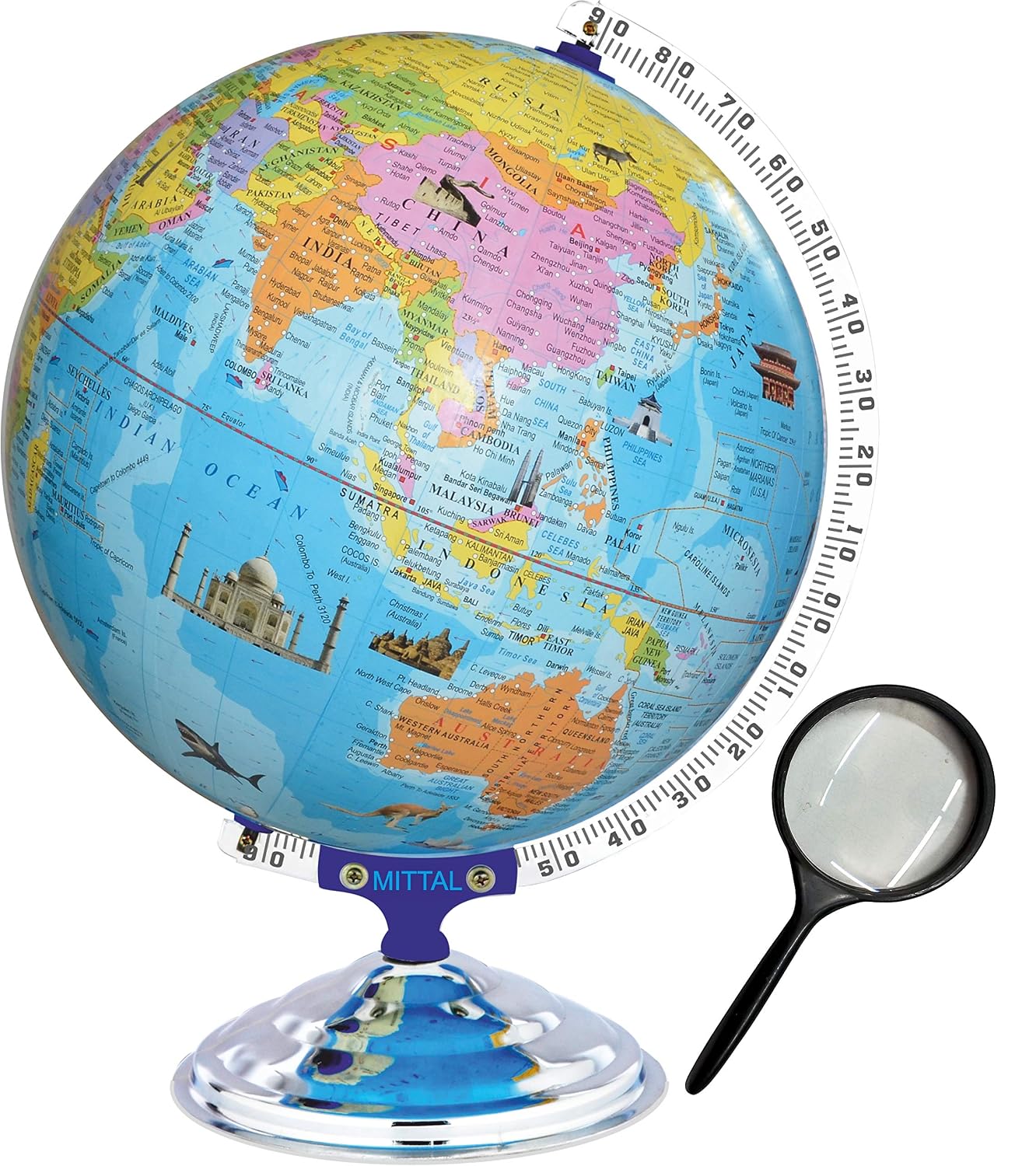 Globe 16 Inch Height, 12 Inch Diameter With Monuments Educational World Globe With 75mm Magnifying Glass Desk & Table Top Political Globe, Pack Of 1