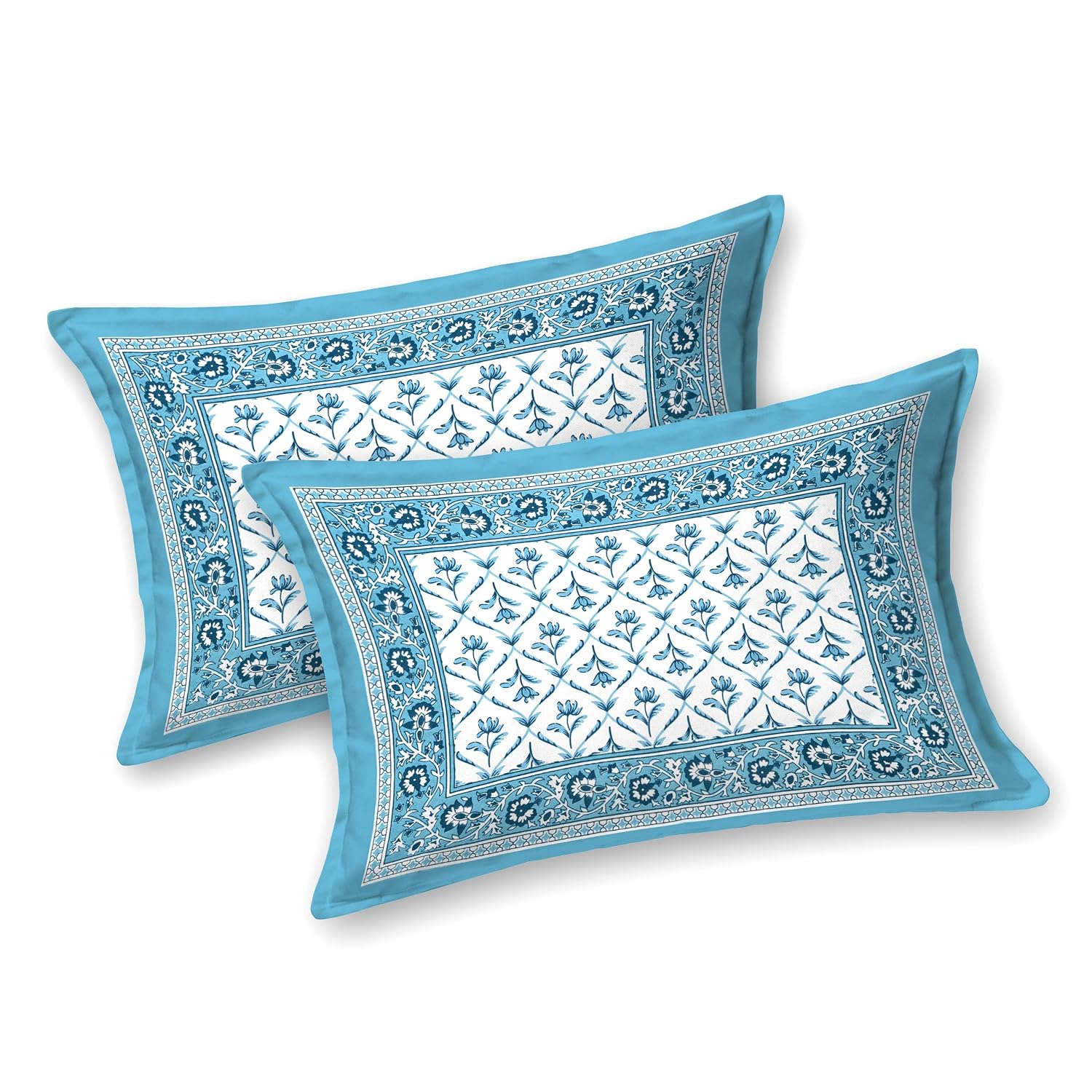 1 Queen Size Bedsheet For Double Bed With 2 Pillow Covers (90 X 108 Inches) White & Sky Blue | Beautiful Printed Designs - Breathable 100% Cotton Bedsheet Comfortable