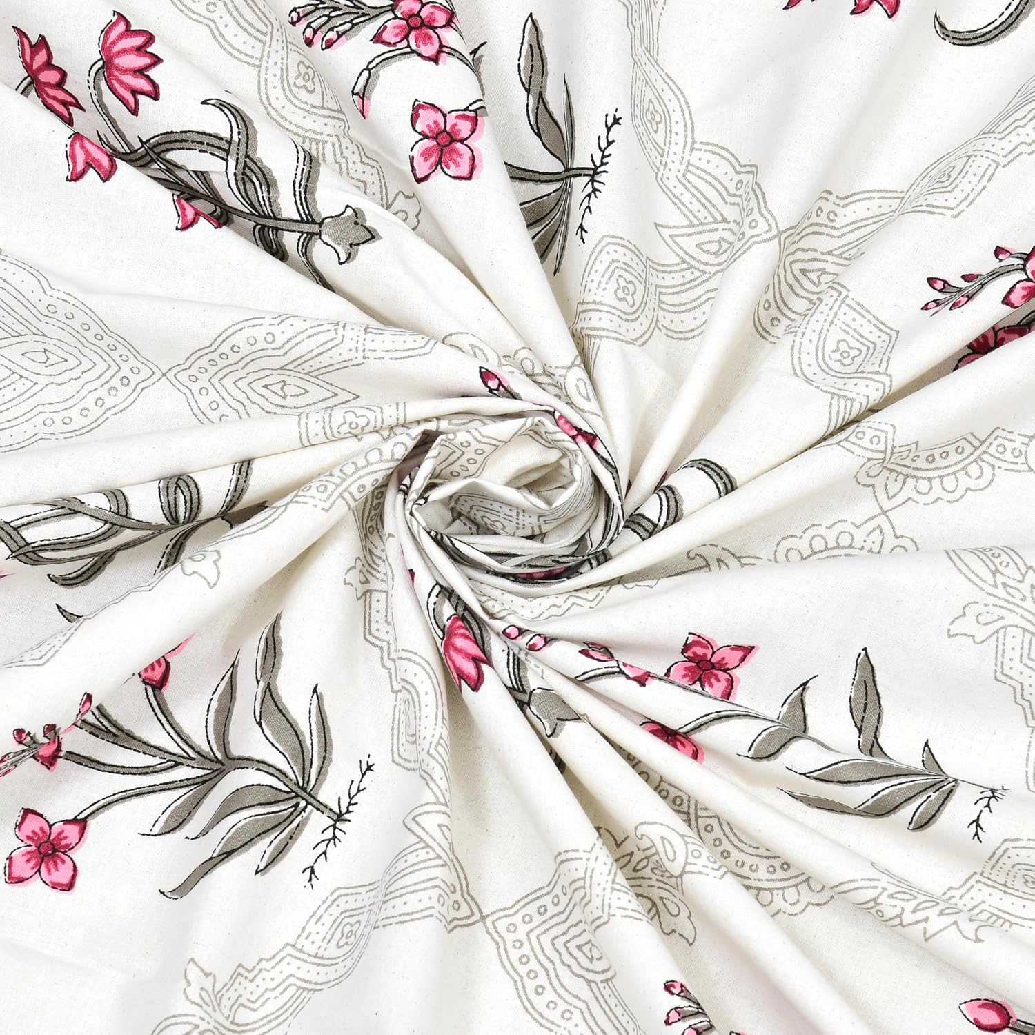 Pure Cotton King Size Bedsheet 2 Matching Pillow Covers | 100x108 Inches, Pink & White | Traditional Jaipuri Printed Bedsheet | Ideal Wedding Gift, Housewarming, Special Occasion Surprise