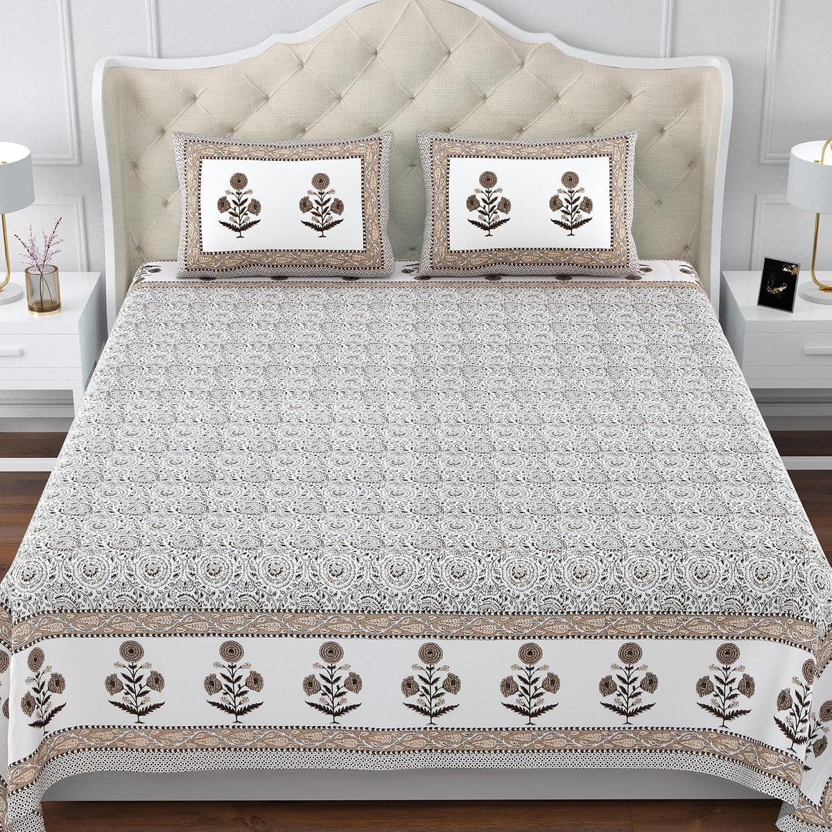 100% Cotton King Size Bedsheet For Double Bed With 2 Pillow Cover - 108 X 108 Inches, Brown & White | Extra Soft & Wrinkle Free | Perfect Gifting Wedding, Housewarming Or Festival