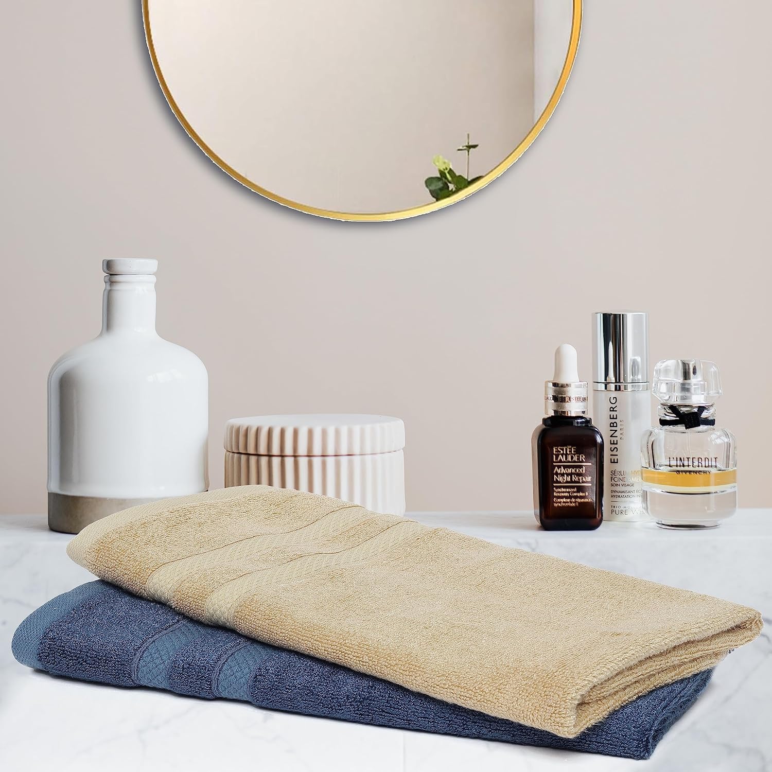 Velve 100% Bamboo Hand Towel 600 Gsm | Premium Small Towels For Gym & Everyday Use | Ultra Soft, Absorbent | Royal Blue & Beige (Set Of 2)
