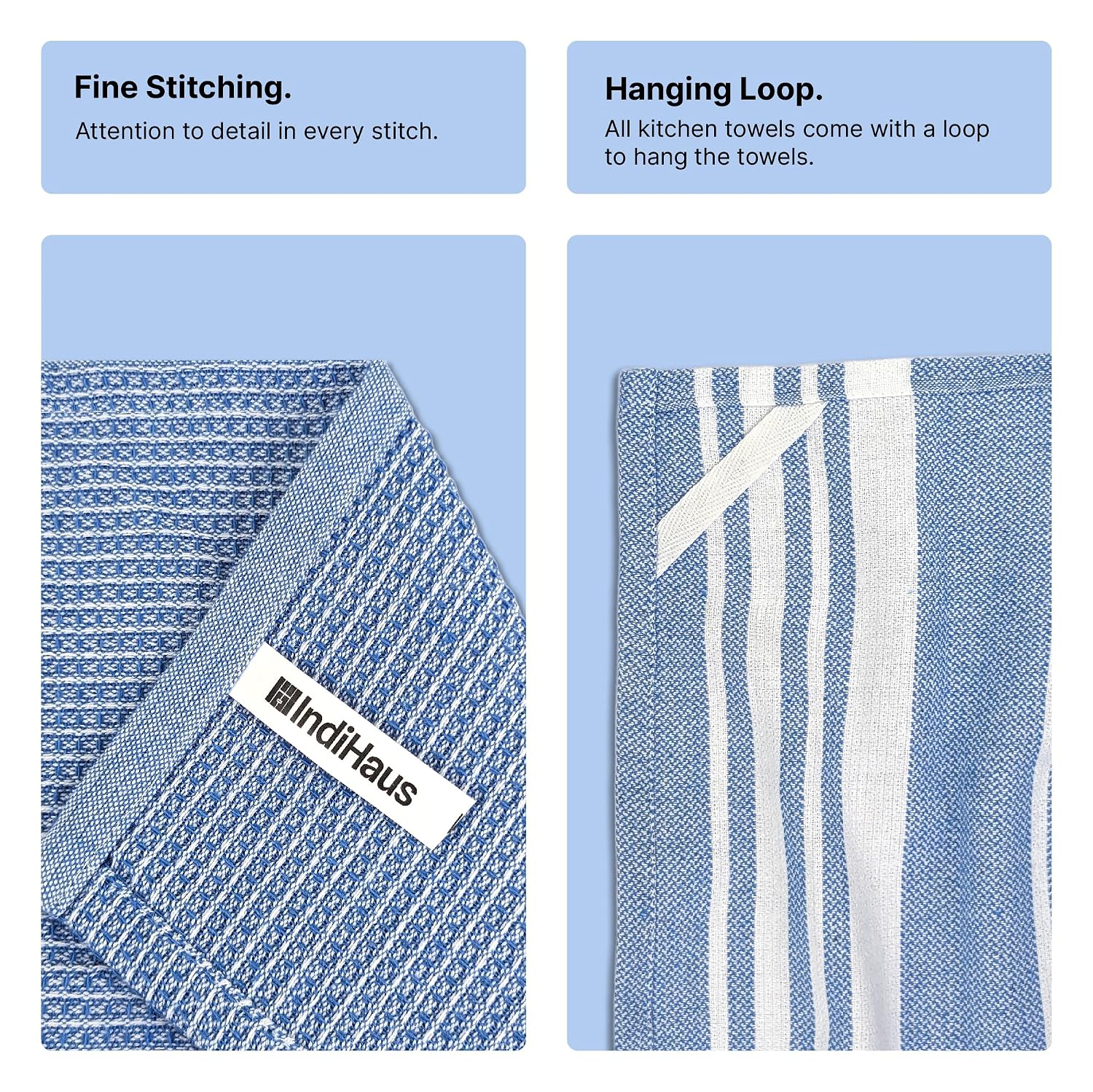 Indihaus Cotton Multi-Purpose Kitchen Hand Towels 370 Gsm | Waffle & Stripes Lunch, Dish Towel (Blue)- Pack Of 6
