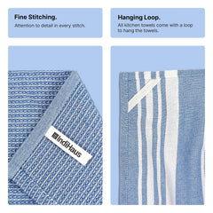 Indihaus Cotton Multi-Purpose Kitchen Hand Towels 370 Gsm | Waffle & Stripes Lunch, Dish Towel (Blue)- Pack Of 6