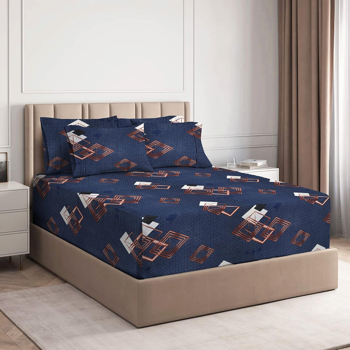Printed King Size Double Bed Bedsheet With 2 Pillow Cover - 72 X 78 Inches, Dark Blue & White | Style Cotton Feel Glace Breathable Long Lasting
