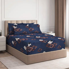 Printed King Size Double Bed Bedsheet With 2 Pillow Cover - 72 X 78 Inches, Dark Blue & White | Style Cotton Feel Glace Breathable Long Lasting