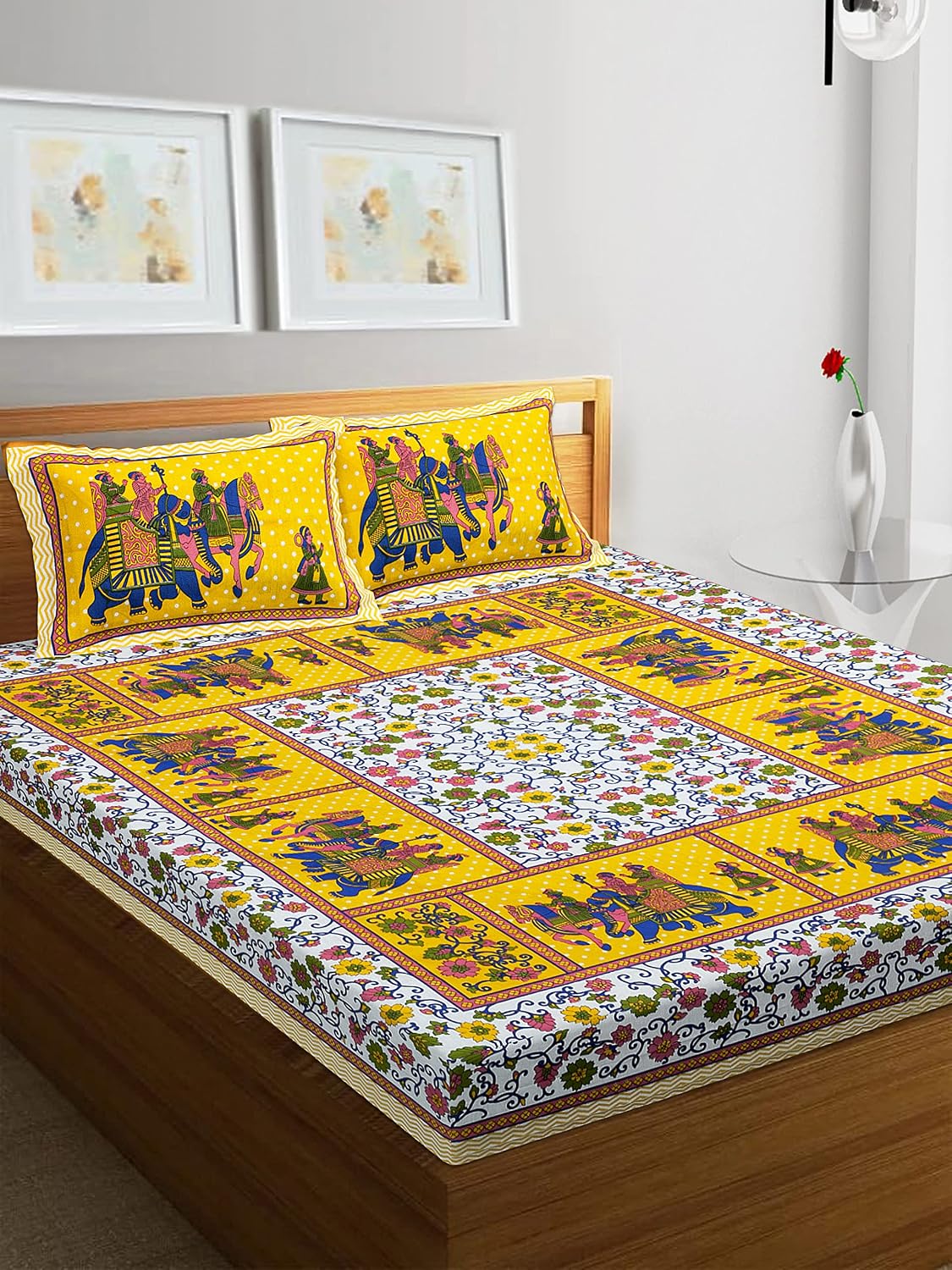 Rajasthani Jaipuri Bedsheets For Double Bed King Size With 2 Pillow Cover - 90 X 100 Inches, Yellow | Skin Friendly Fabric With Vibrant Colors