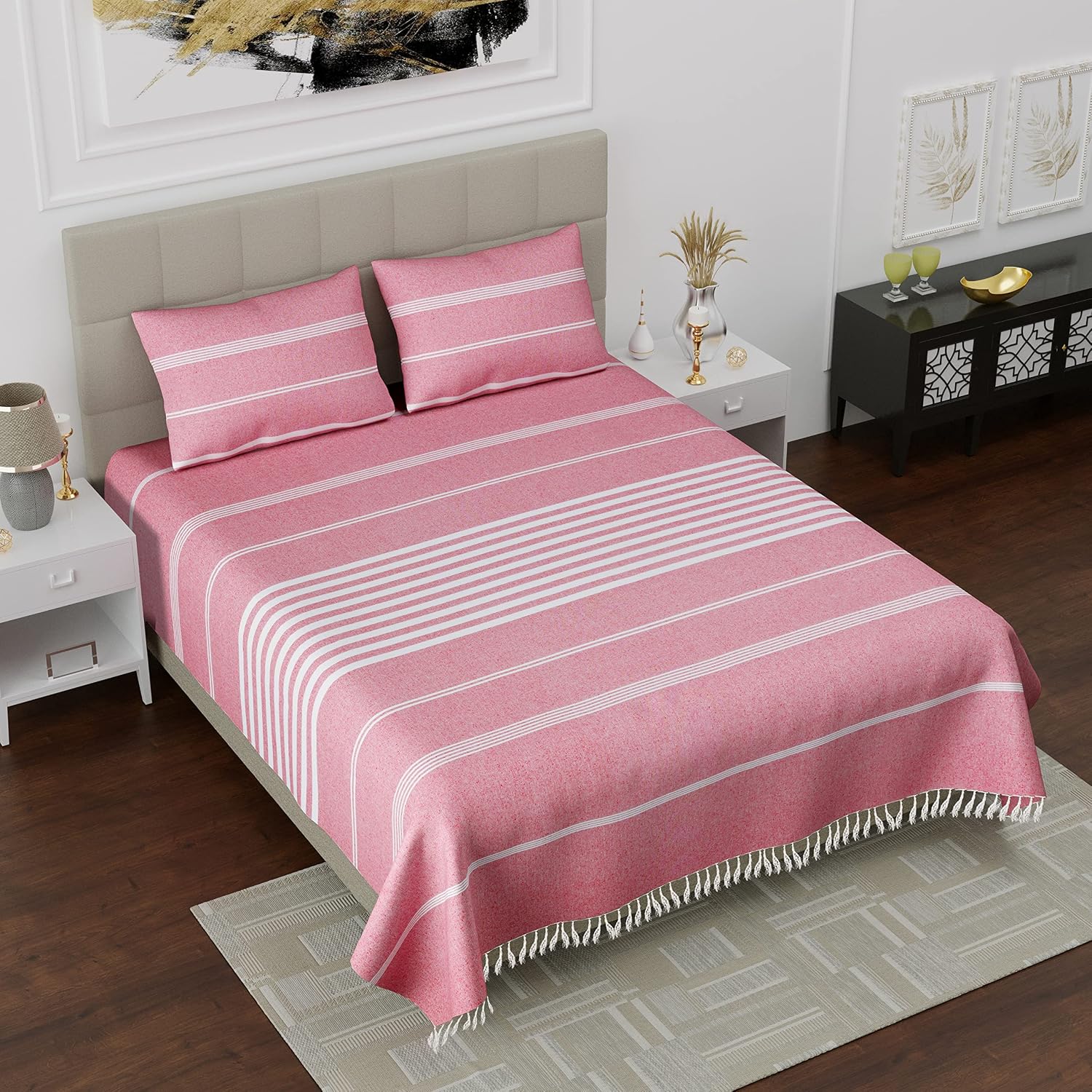 210 TC Double Bedsheet With Two Pillow Cover - Queen Size 90 X 100 Inches, Pink & White | Handloom Cotton Bedsheets For Double Bed | All Season Comfort