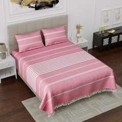 210 TC Double Bedsheet With Two Pillow Cover - Queen Size 90 X 100 Inches, Pink & White | Handloom Cotton Bedsheets For Double Bed | All Season Comfort