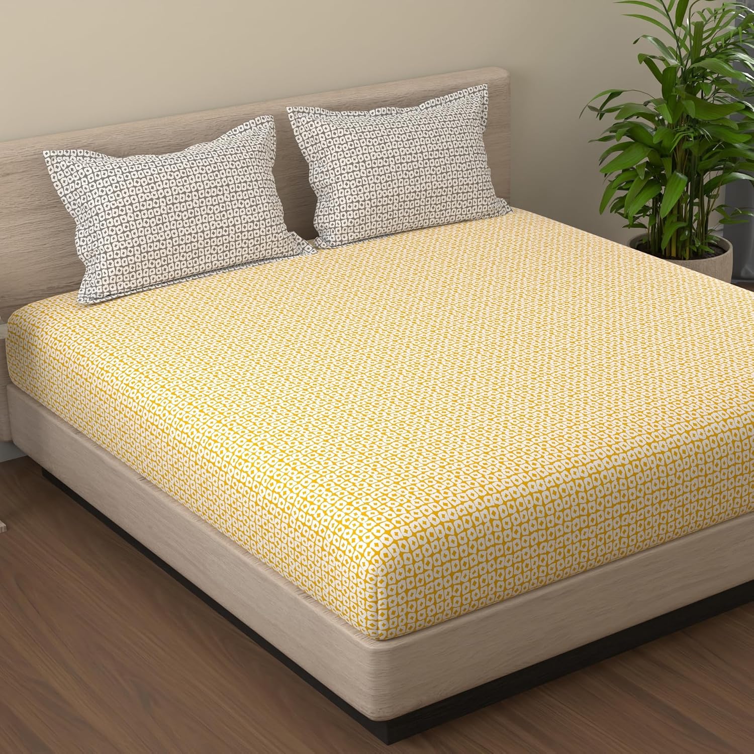 Cotton Bedsheet For King Size With 2 Pillow Covers - 108 X 108 Inches, Yellow & Grey | Soft & Comfortable Feel To Your Skin