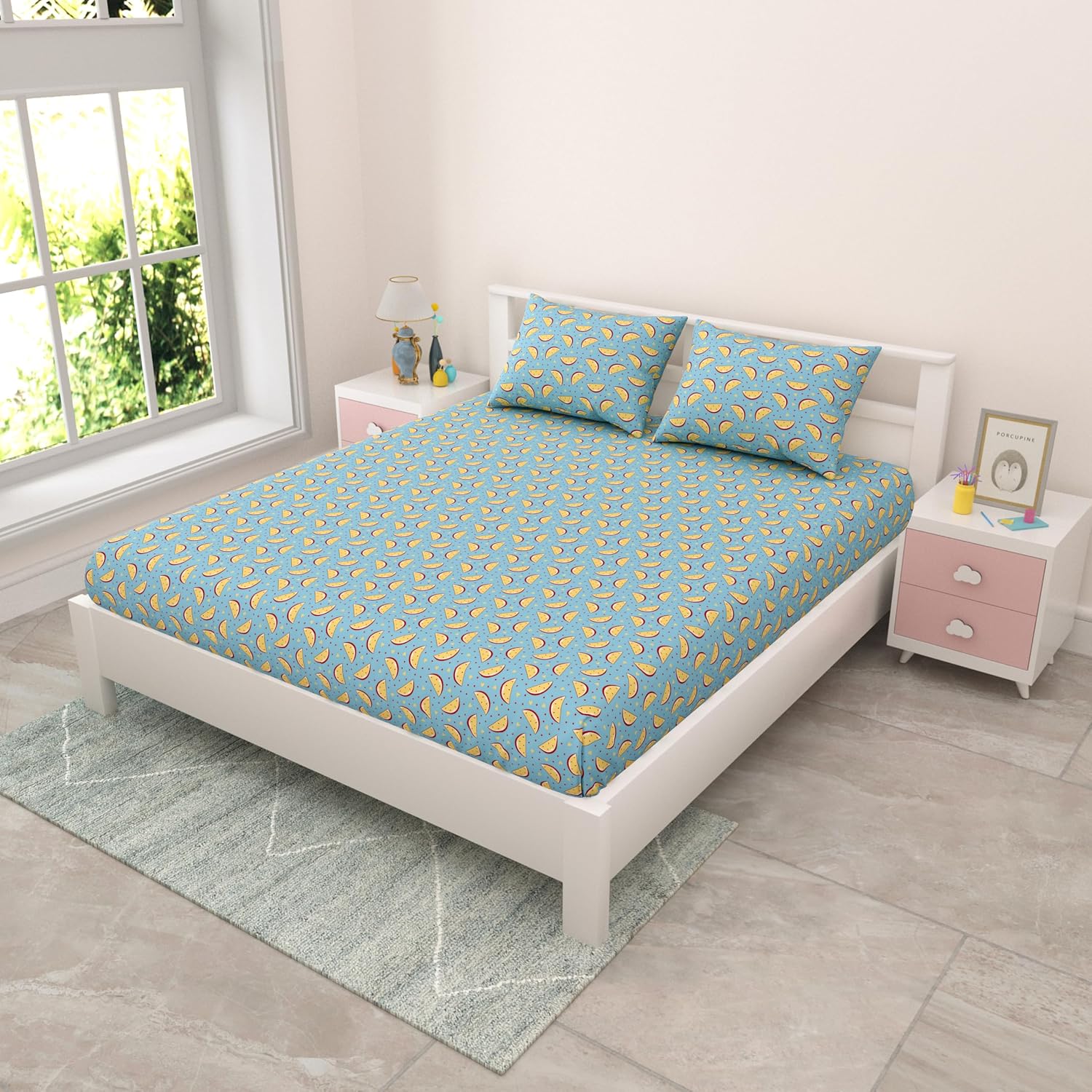 Pure Cotton Kids Bedsheet Double Bed Queen Size With 2 Pillow Covers | 90 X 100 Inches, Sky Blue | Fun Cartoon Theme, Soft & Breathable Fabric