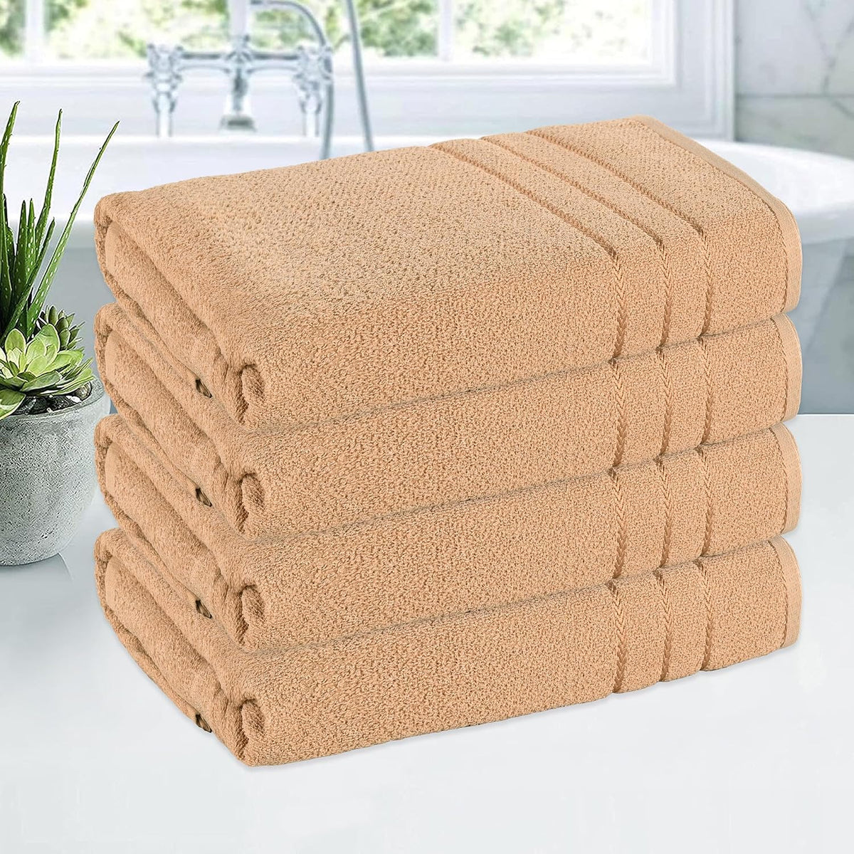 Kuber Industries Bath Towel 1800 Gsm | Towel For Bath, Gym, Travel & Beach | Plain Lining (Light Brown)- Pack Of 4