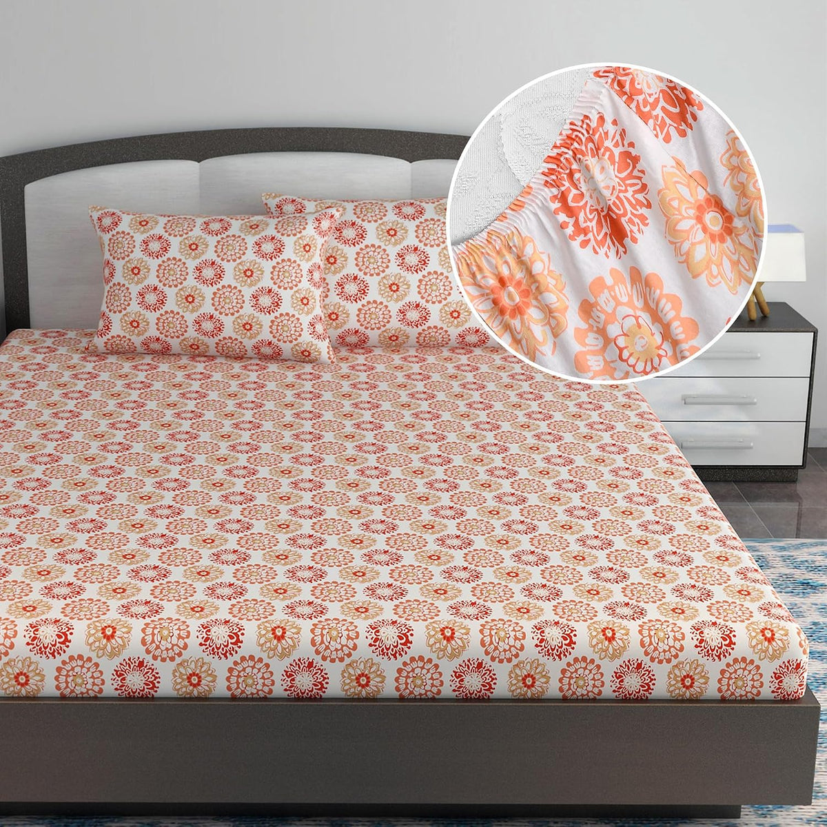 Printed King Size Double Bedsheet With 2 Pillow Cover For Bedroom | 72 X 78 + 9 Inches, Red Orange & White - All Around Elastic Fitted | Ideal For Everyday Use