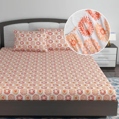 Printed King Size Double Bedsheet With 2 Pillow Cover For Bedroom | 72 X 78 + 9 Inches, Red Orange & White - All Around Elastic Fitted | Ideal For Everyday Use