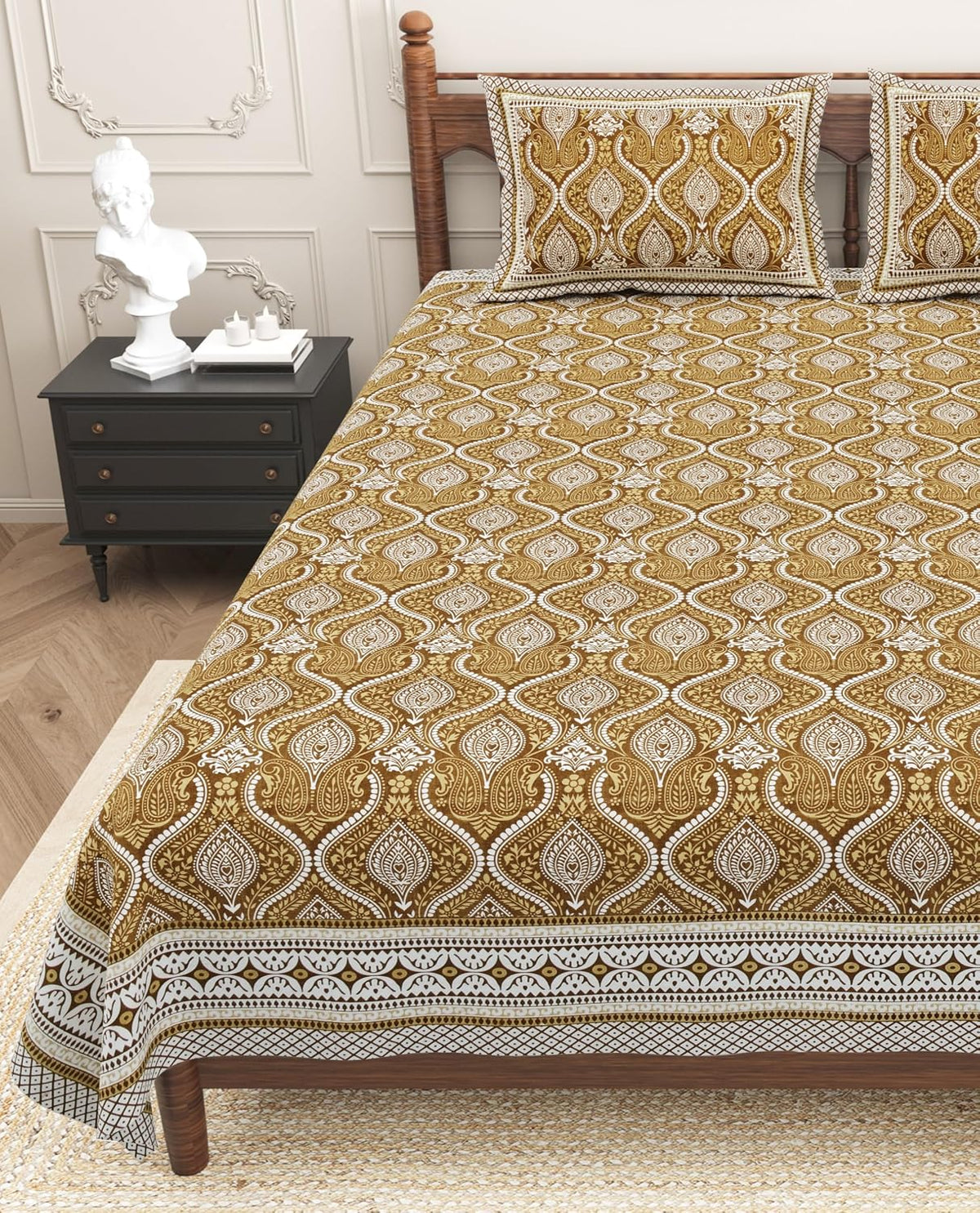 1 Queen Size Bedsheet For Double Bed With 2 Pillow Covers (90 X 108 Inches) Brown | Floral Print Designs - Breathable 100% Cotton Bedsheet Comfortable