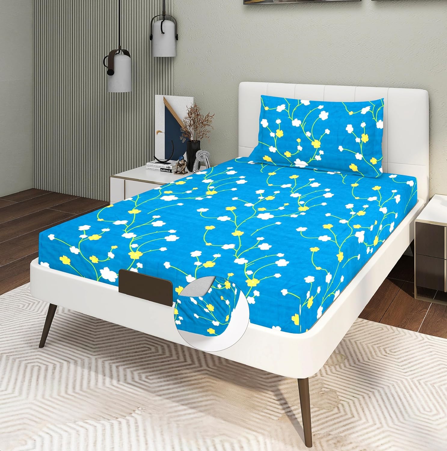1 Single Bedsheet With 1 Pillow Cover - 48 X 72 X 8 Inches, Blue & White | All Around Elastic Fitted Bedsheets | Hand Wash Or Machine Wash Warm