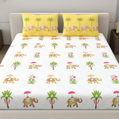 100% Cotton Double Bedsheet With 2 Pillow Covers - Size - 87 X 94 Inches, White & Yellow | Breathable Fabric & Skin Friendly | Comfortable Night Sleep