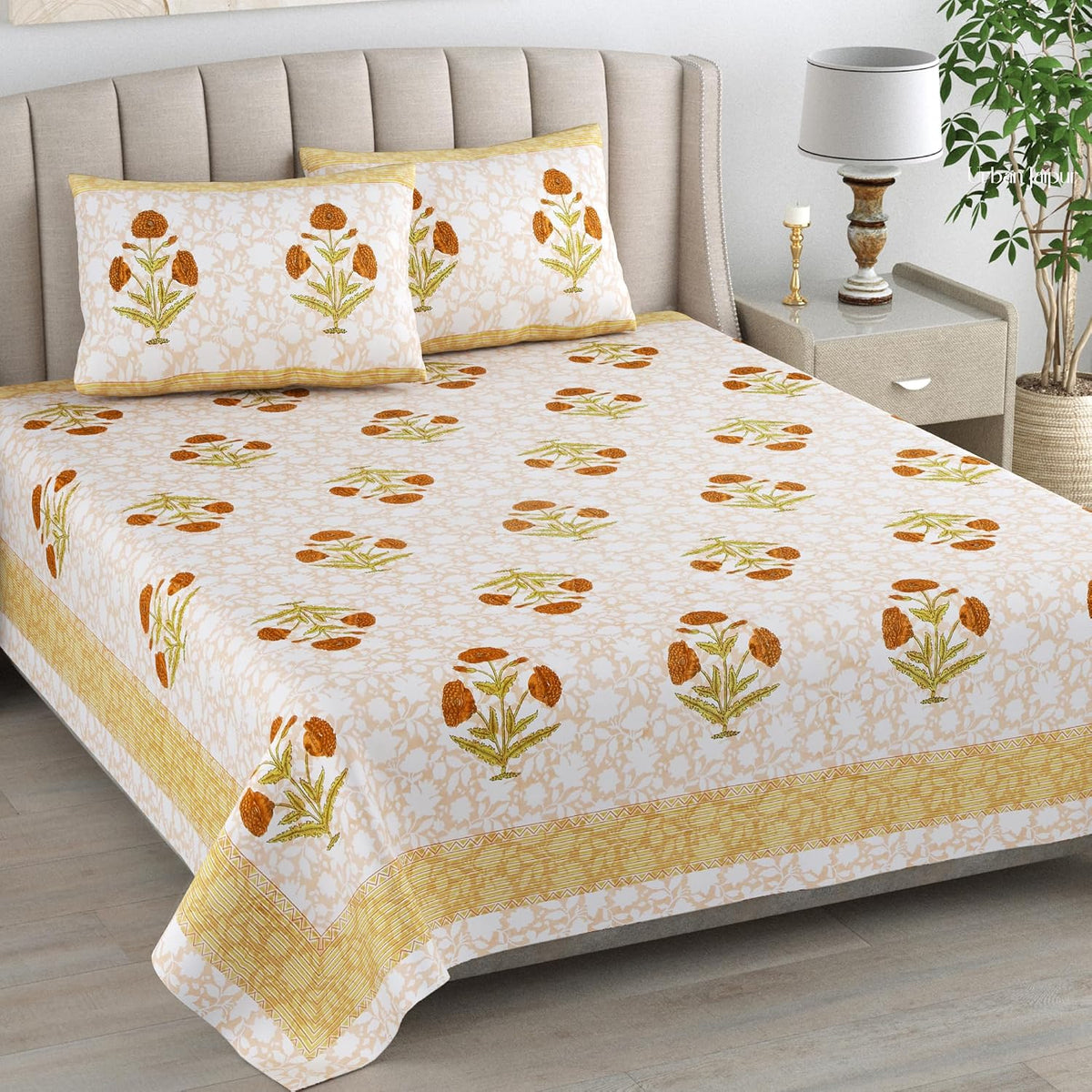 Printed Cotton Double Bedsheet For King Size With 2 Pillow Covers (95 X 108 Inches) Yellow & Mustard | 240 Thread Count - Pure Cotton Natural Fabric & Skin-Safe | Extra Soft & Wrinkle Free