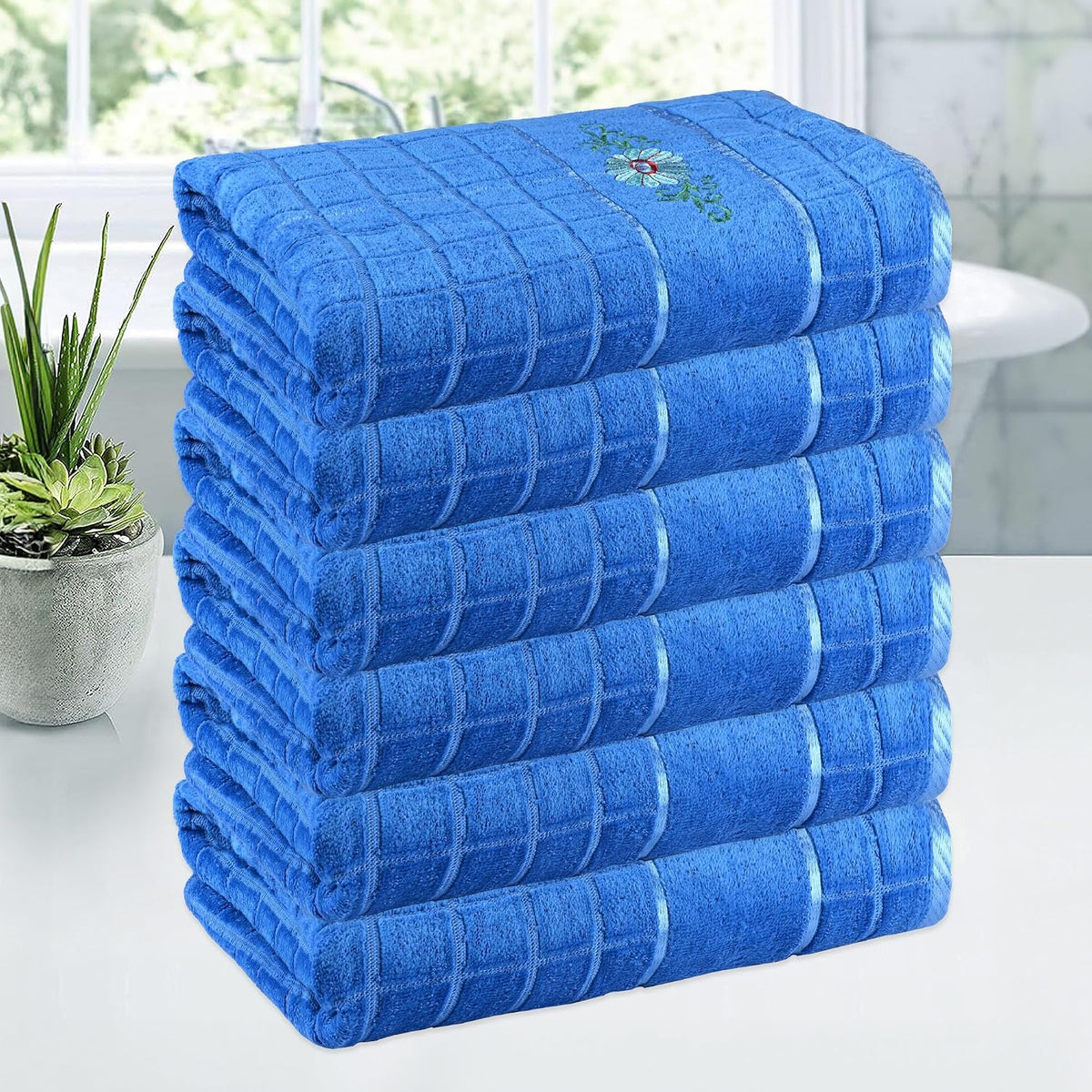 Kuber Industries Rectangle Super Absorbent Bath Towel 3000 Gsm | Soft & Comfortable Swimming & Bathing Towels | Gold Flower (Blue)- Pack Of 6