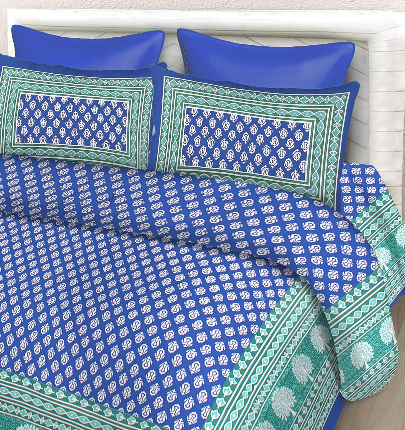 Printed Bedsheet For Double Bed With 2 Pillow Covers - 83 X 94 Inches, Blue & White | Ideal For Hotel, Guest House, Home | Traditional Jaipuri Bedsheets