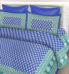 Printed Bedsheet For Double Bed With 2 Pillow Covers - 83 X 94 Inches, Blue & White | Ideal For Hotel, Guest House, Home | Traditional Jaipuri Bedsheets