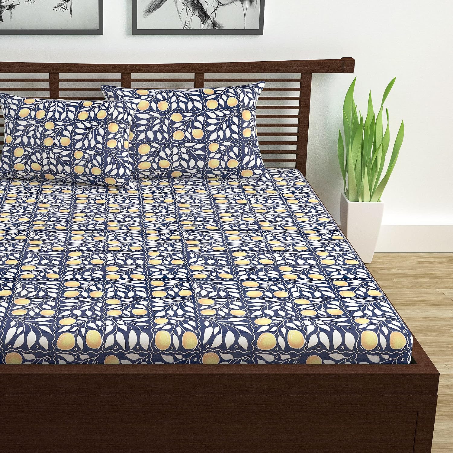 100% Pure Cotton Double Bedsheet For Queen With 2 Pillow Covers - 87 X 100 Inches, Navy & Orange | Soft & Durable For Everyday Use & Bedroom - All Season Comfort