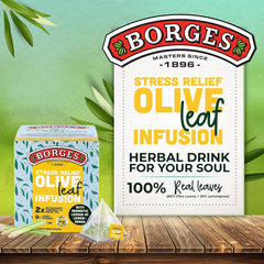 Borges Stress Relief Olive Leaf Infusion Tea - 10 Bags In Sealed Envelope | 2X Antioxidants Than Green Tea - With Aromatic Leaves Of Lemongrass | Caffeine Free, No Added Flavor