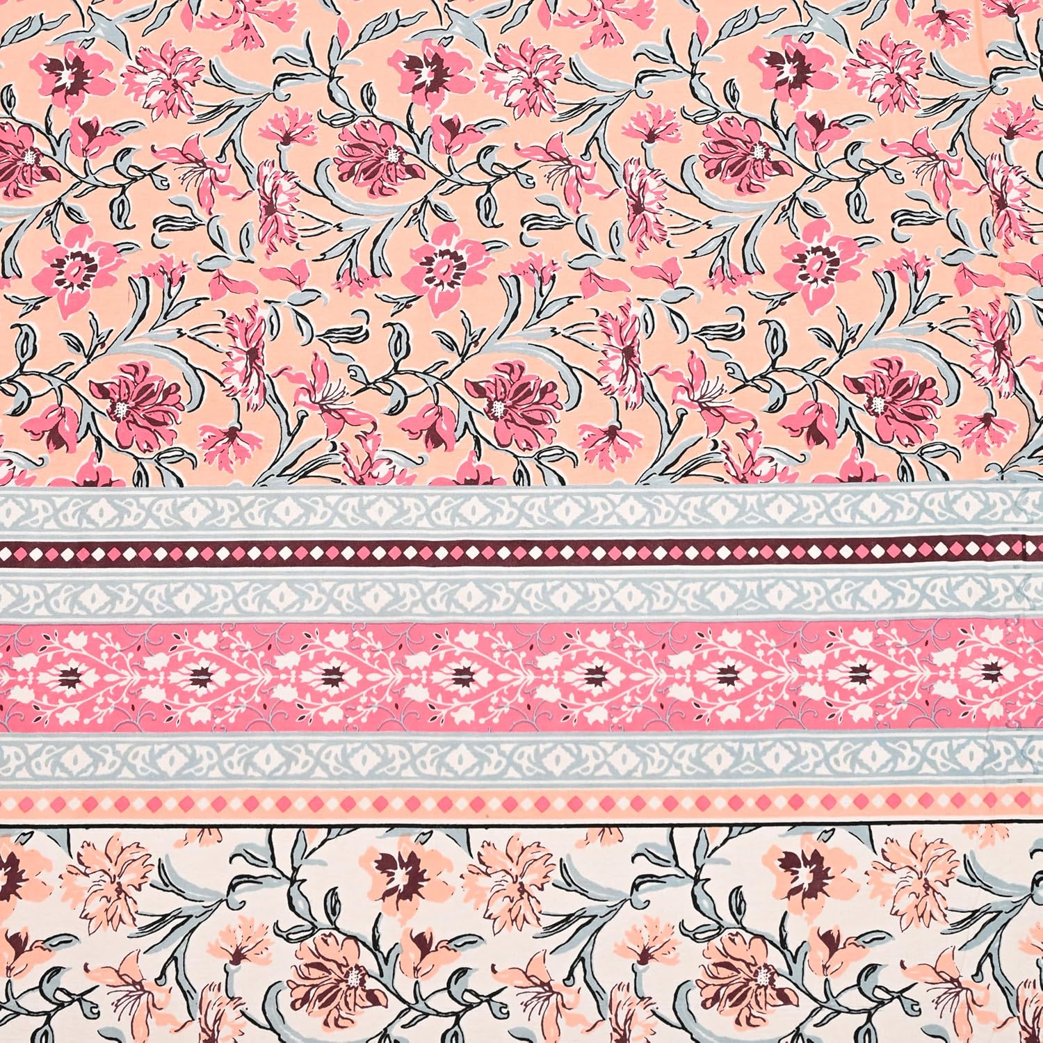 Traditional Rajasthani Design Bedsheet With 2 Pillow Covers - 90 X 108 Inches, Peach & Pink | Color Fade Resistant & Shrinkage Resistant For All-Season Use