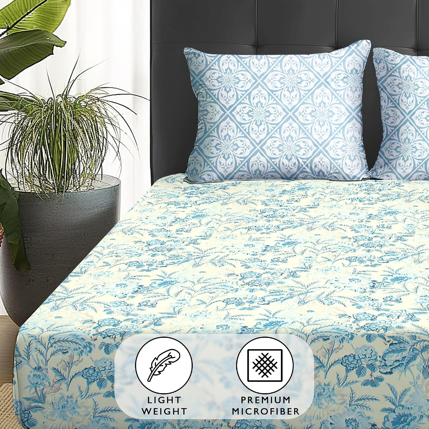 1 Piece Microfiber Bedsheet For Double Bed With 2 Pillow Covers - 88 X 98 Inches, Off White & Sky Blue | Cotton Bedsheet, Breathable & Wrinkle Free