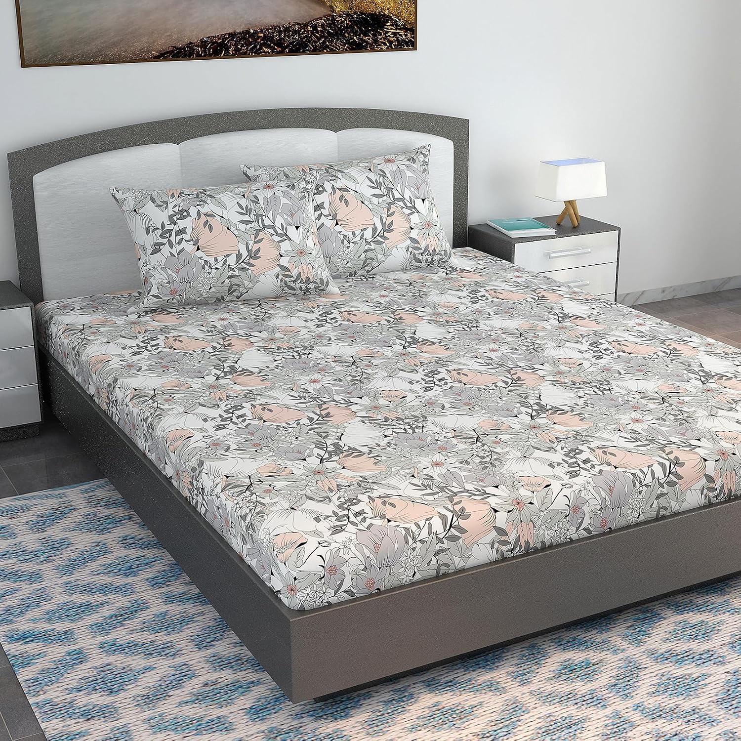 100% Cotton Double Bedsheet For King Size With 2 Pillow Covers | 108 X 108 Inches, White & Grey - Perfect For Home, Guest House, Hotel | Soft, Breathable & Comfortable