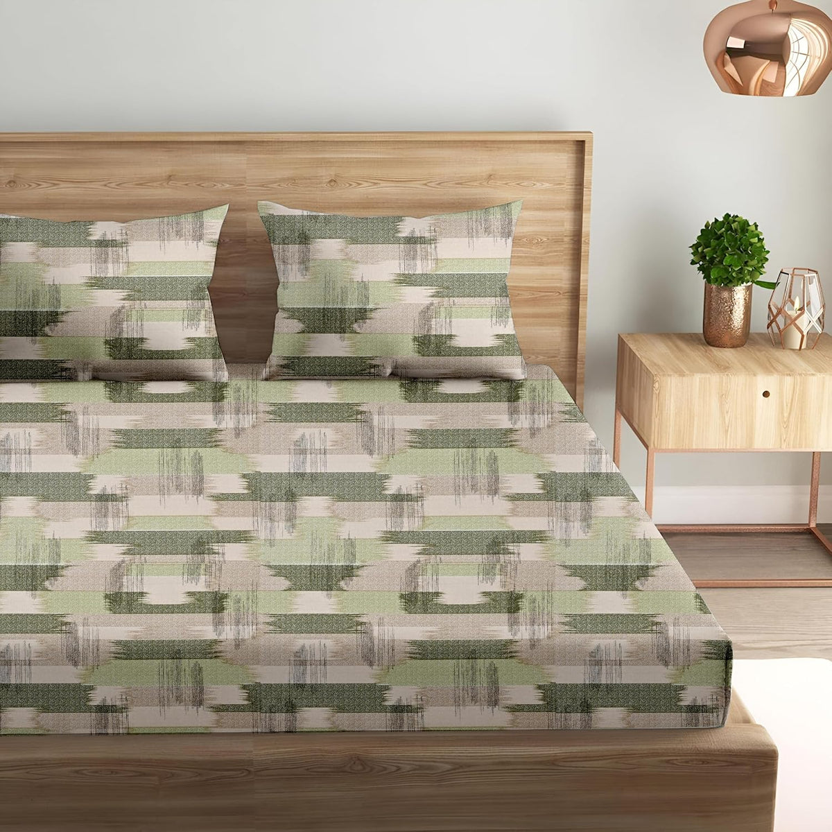 Queen Size Flat Bedsheet Two Matching Pillow Cover - 86x104 Inches, Beige & Green | Perfect For Comfortable, Year Round Use - Softness, Smooth Texture & Breathable