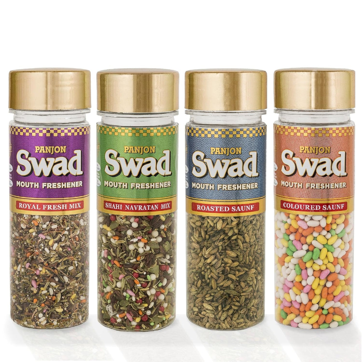 Panjon Swad Mouth Freshner Coloured Saunf, Royal Fresh Mix, Roasted Saunf, Shahi Navratan Mix 2kg, (500gm *4) | Jar Pack