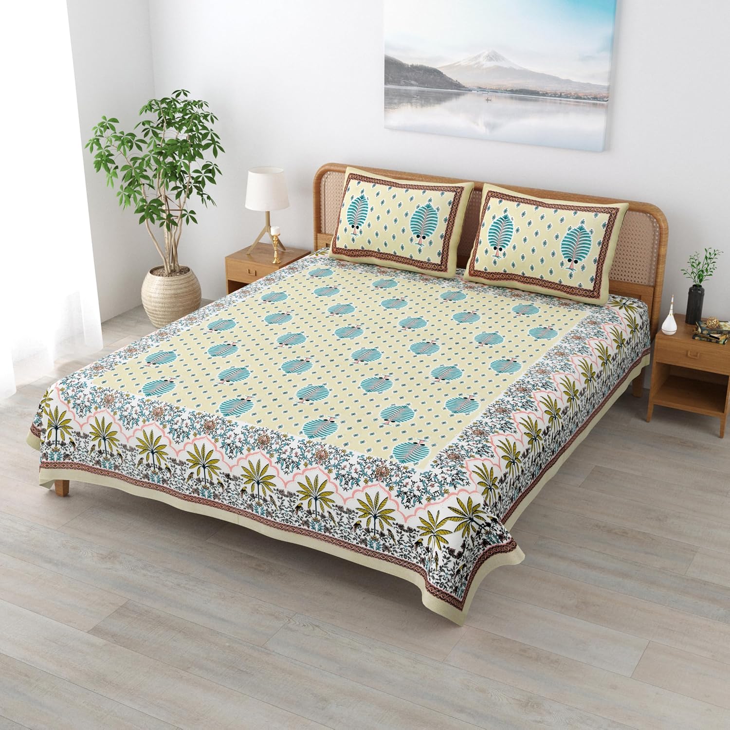 Traditional Rajasthani Cotton Bedsheet For King Size With 2 Matching Pillow Cover | 90 X 108 Inches, Beige & Green | Soft & Comfortable Fabric