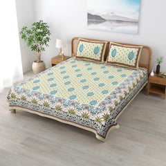 Traditional Rajasthani Cotton Bedsheet For King Size With 2 Matching Pillow Cover | 90 X 108 Inches, Beige & Green | Soft & Comfortable Fabric