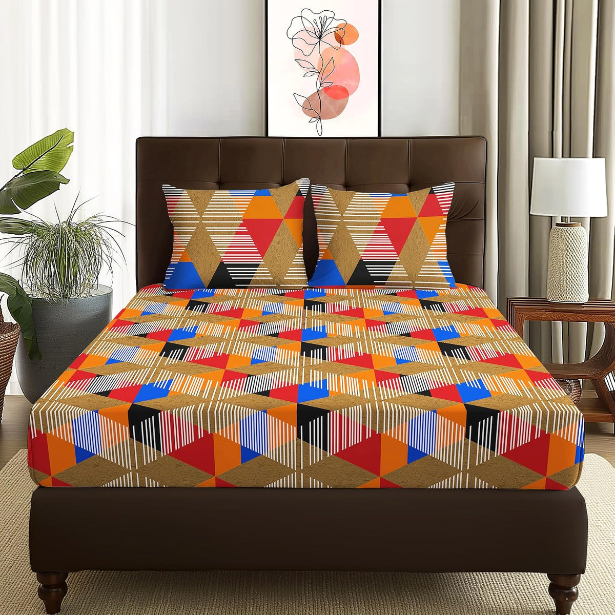 Queen Size Bedsheet With 2 Matching Pillow Covers - 88 X 100 Inches, Multicolor | All Around Elastic Fitted Breathable & Soft Touch Bedsheet