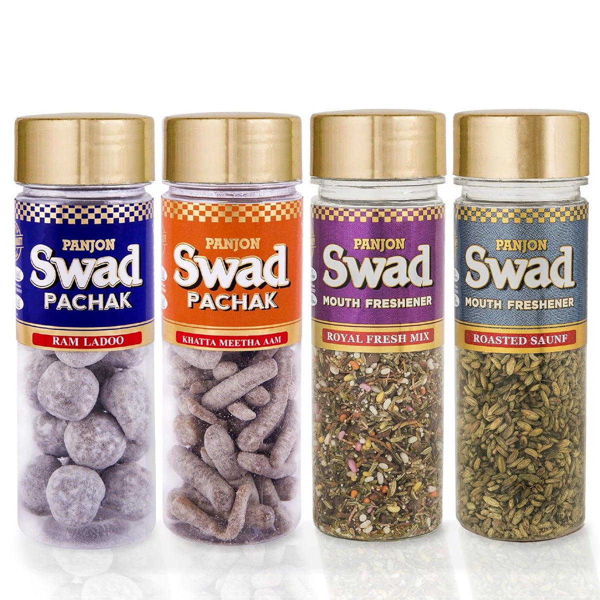 Panjon Swad Mukhwas Roasted Saunf, Imli Ram Ladoo, Royal Fresh Mix, Khatta Meetha Aam Papad 440gm, (110gm *4 Bottles)