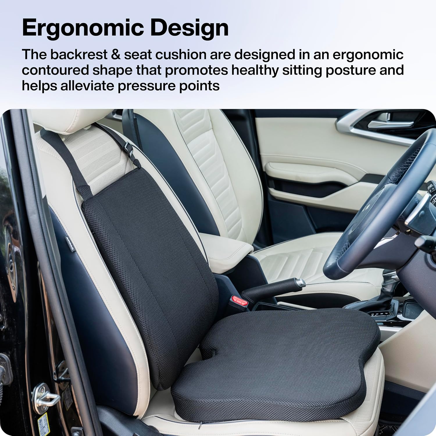Memory Foam Car Back & Seat Cushion Combo Pack, For All Cars, Black | For Comfortable Driving & Daily Commute - Useful For Back Pain, Tailbone & Sciatica Pain Relief, Adjustable - Pack Of 1