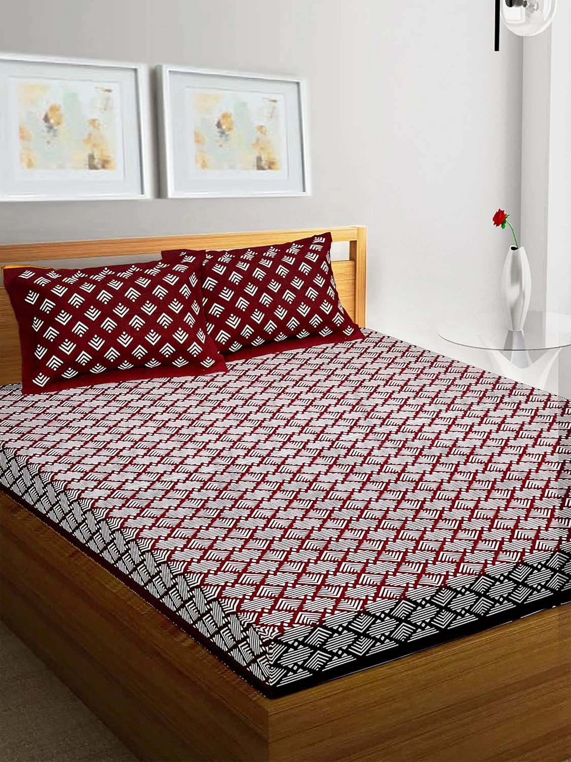 Printed Double Bedsheets For King Size With Tow Matching Pillow Covers - 90 X 100 Inches, Maroon & White | Comfort Jaipuri Collection Bedsheet - Suitable For All Seasons