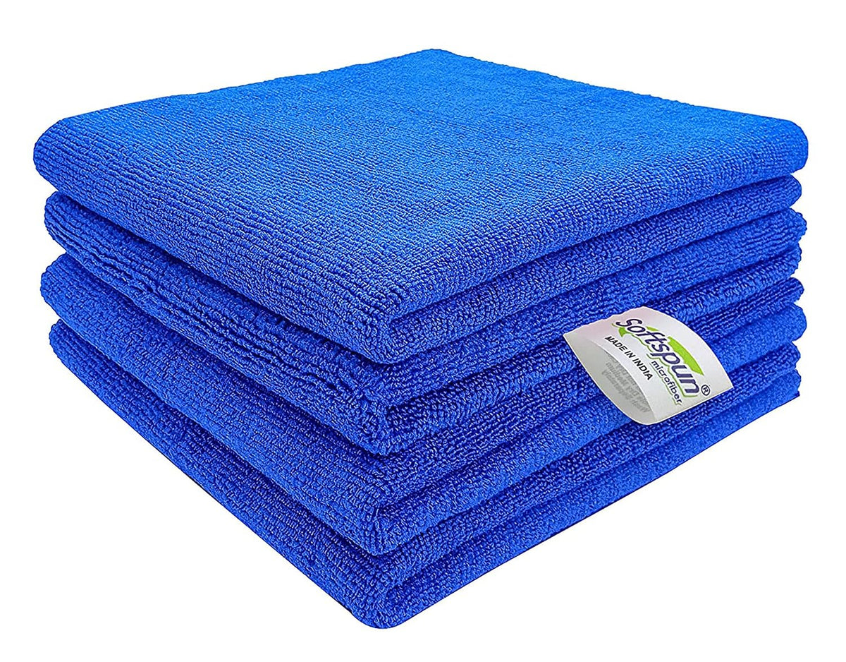 Softspun Microfiber Cloth Towel 350 Gsm | Multi-Purpose Super Soft Absorbent Cleaning Towels For Home, Kitchen, Car, Cleans - 4 Peice (Blue)