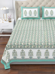 100% Cotton King Size Bedsheet For Double Bed With 2 Pillow Cover - 108 X 108 Inches, Green & White | Extra Soft & Wrinkle Free | Perfect Gifting Wedding, Housewarming Or Festival