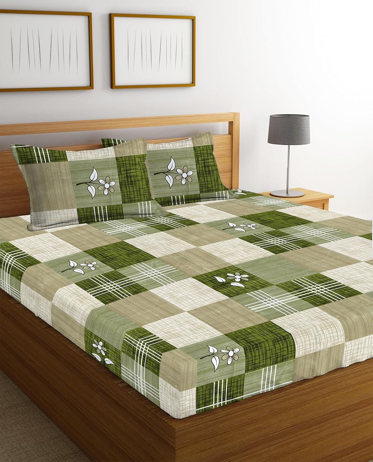 Printed Double Bedsheets With 2 Regular Size Pillow Covers - 86 X 88 Inches, Light Green & White | Collections Soft Breathable Wrinkle Free Texture - Floral Cheks Bedsheet