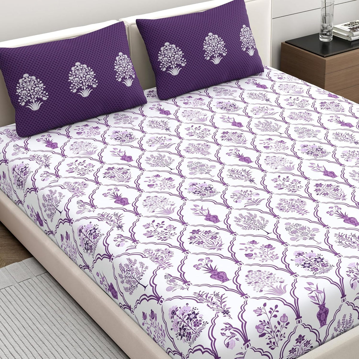 100% Cotton Double Bedsheet With 2 Pillow Covers - Size - 87 X 94 Inches, White & Purple | Breathable Fabric & Skin Friendly | Comfortable Night Sleep